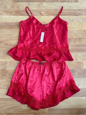 Victoria’s Secret Red Satin Lace-Trim Cami & Short Sleep Set